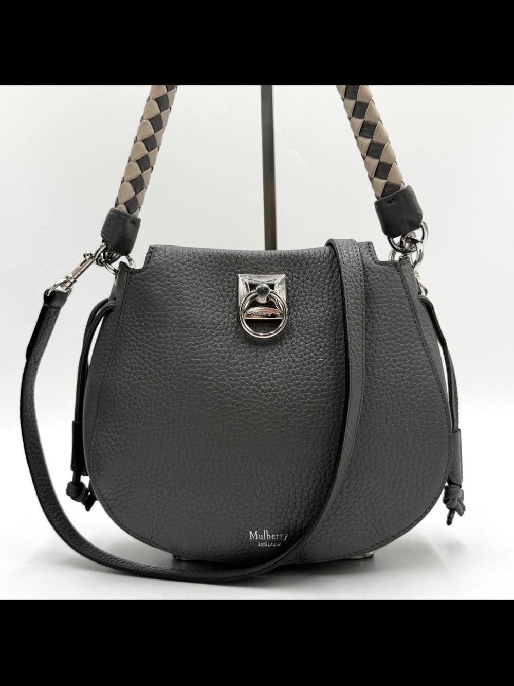 Mulberry Black Pebbled Leather Saddle Crossbody with Braided Handle